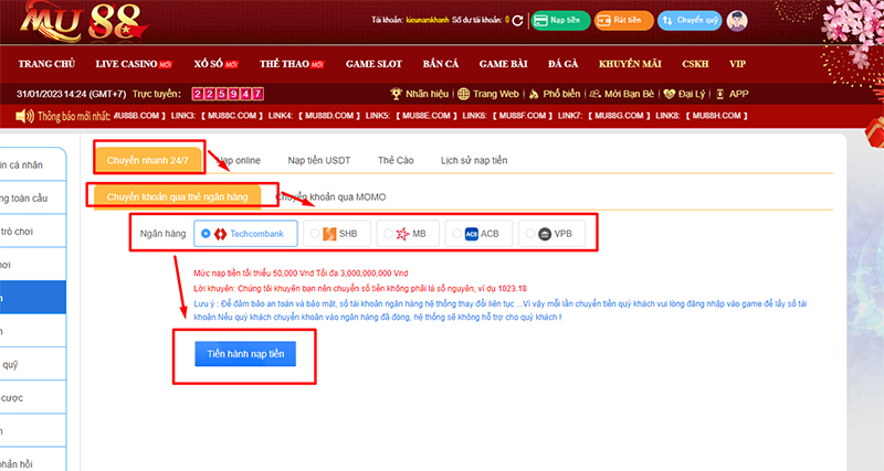 Các bước nạp tiền MU88 qua chuyển khoản nhanh