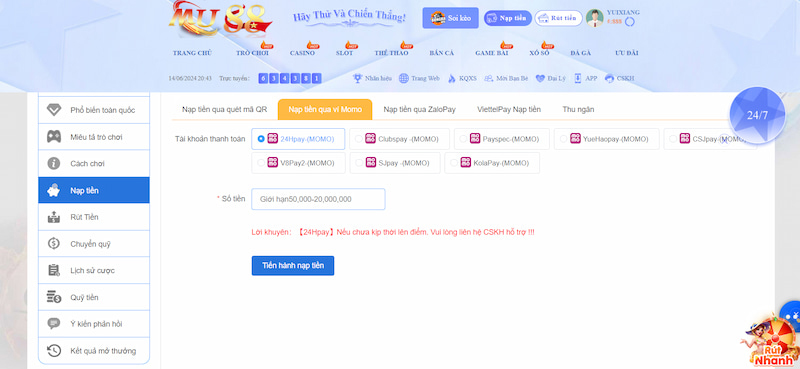 Các bước nạp tiền vào nhà cái MU88 sử dụng ví điện tử MOMO